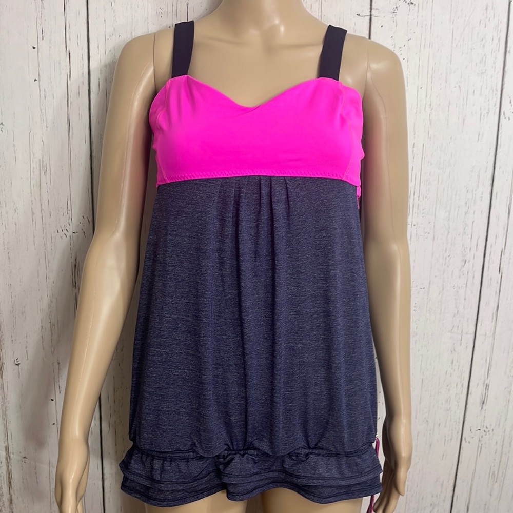 Lululemon Athletica Tank Top Gray and Hot Pink Drawstring Built in Bra Size 8